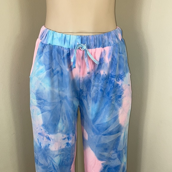 Pink & Blue Tye Dye Butter Soft Drawstring Lounge Sweatpants Pajama Comfy - Picture 3 of 13